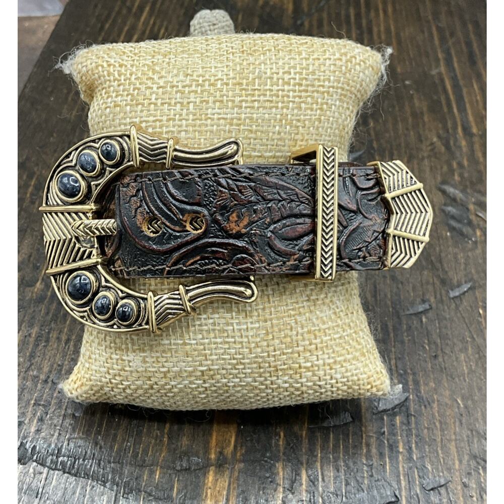 Hand-Tooled Brown Leather Western Bracelet with Gold Buckle